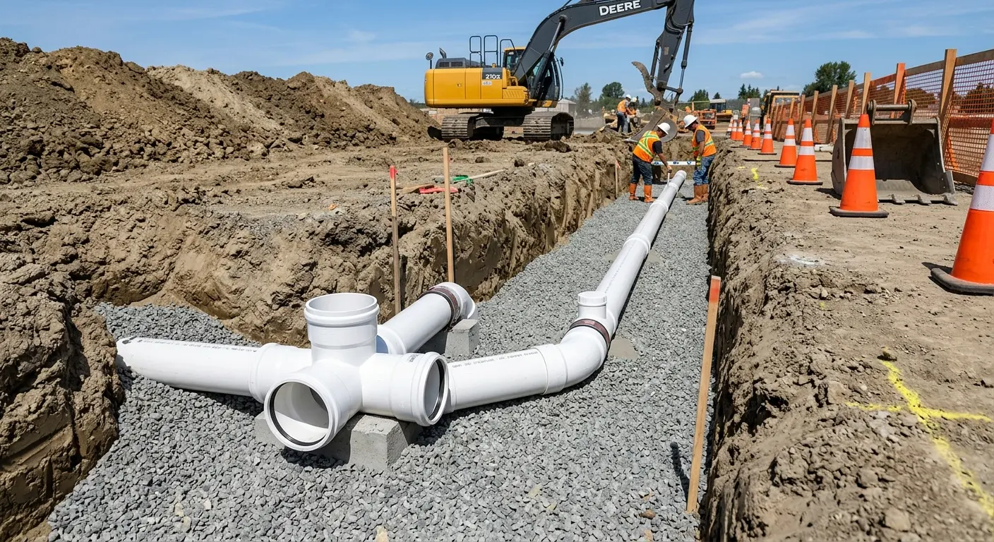 New PVC sewer pipe installation in open trench for Commercial Drain Cleaning in Patterson