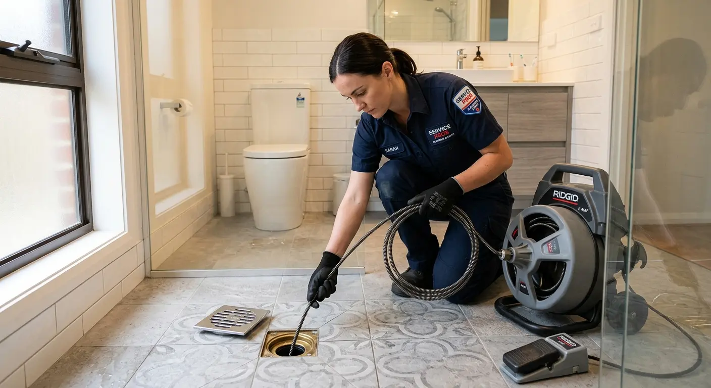 Technician clearing a bathroom floor drain for Drain Repair in Patterson